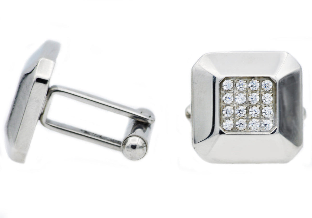 Mens Stainless Steel Cuff Links With Cubic Zirconia