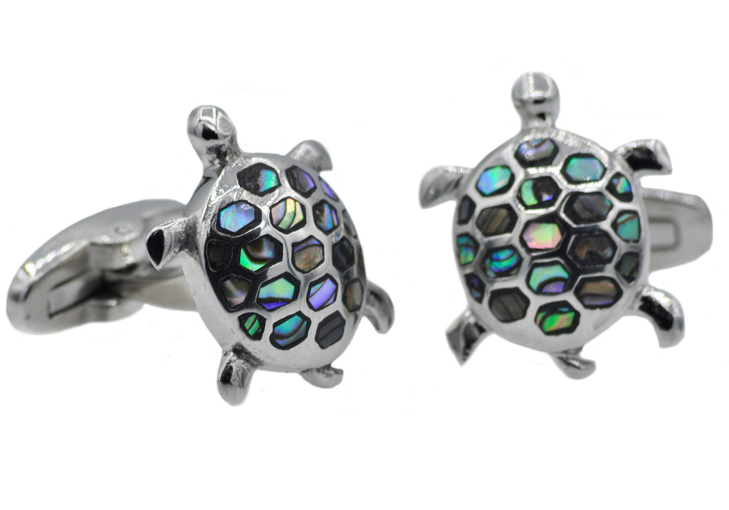 Mens Stainless Steel And Abalone Turtle Cuff links