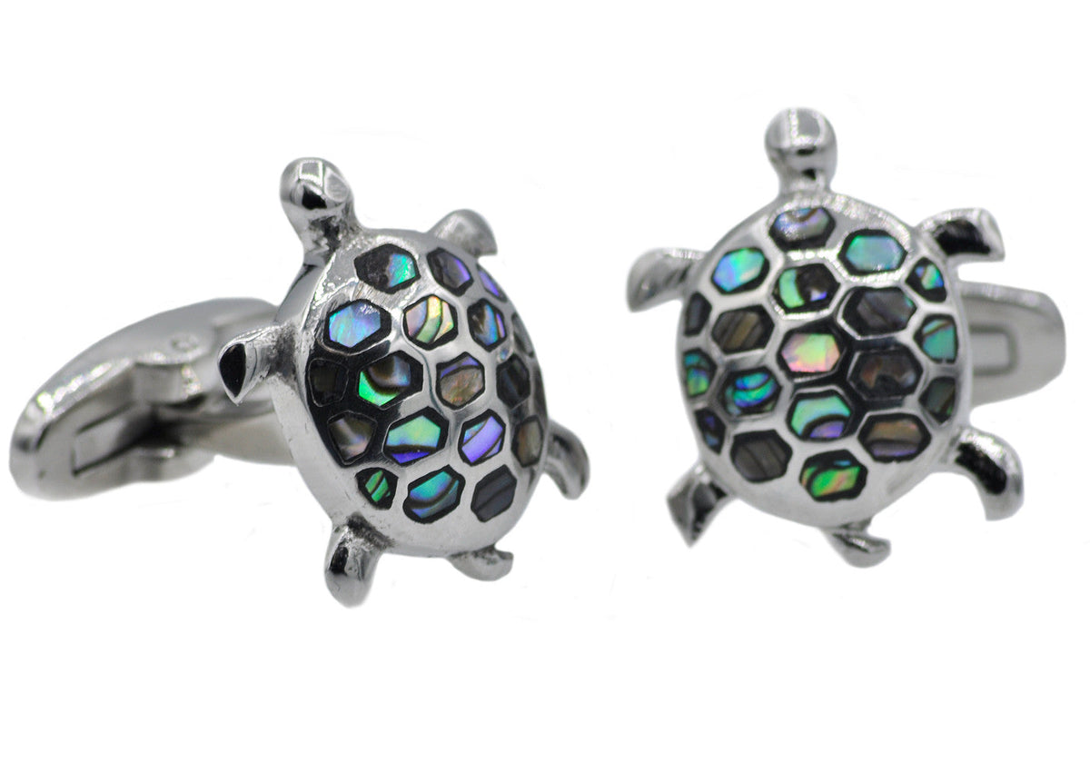 Mens Stainless Steel And Abalone Turtle Cuff links