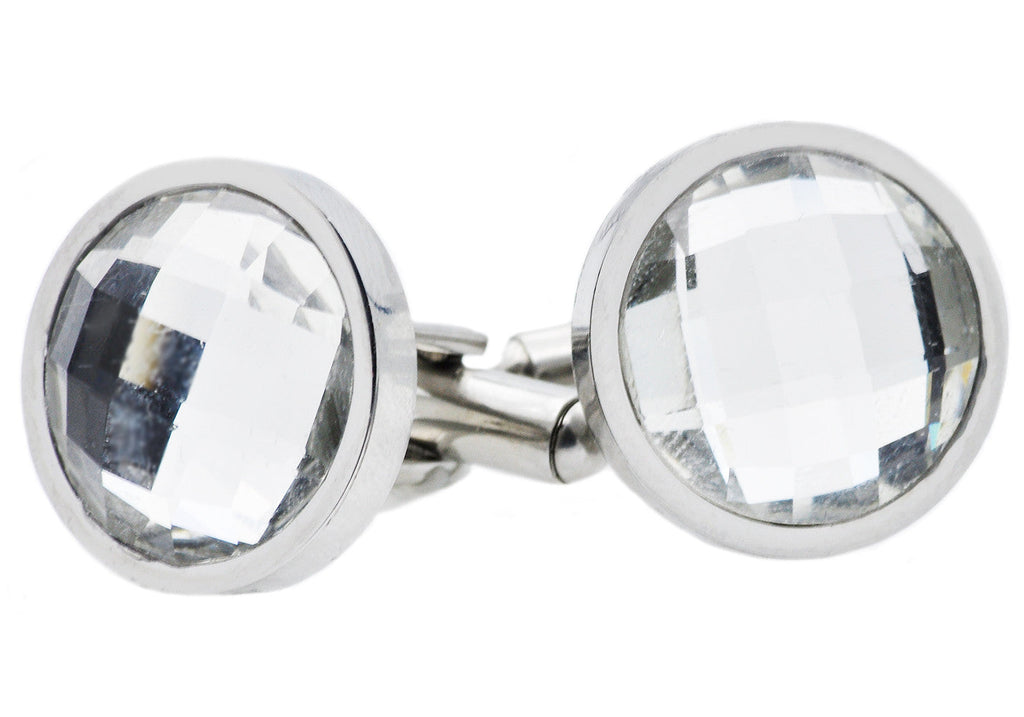 Mens Stainless Steel Cuff Links With Clear Crystals