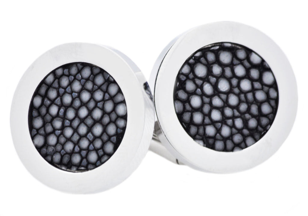 Mens Black Stingray Leather Stainless Steel Cuff Links