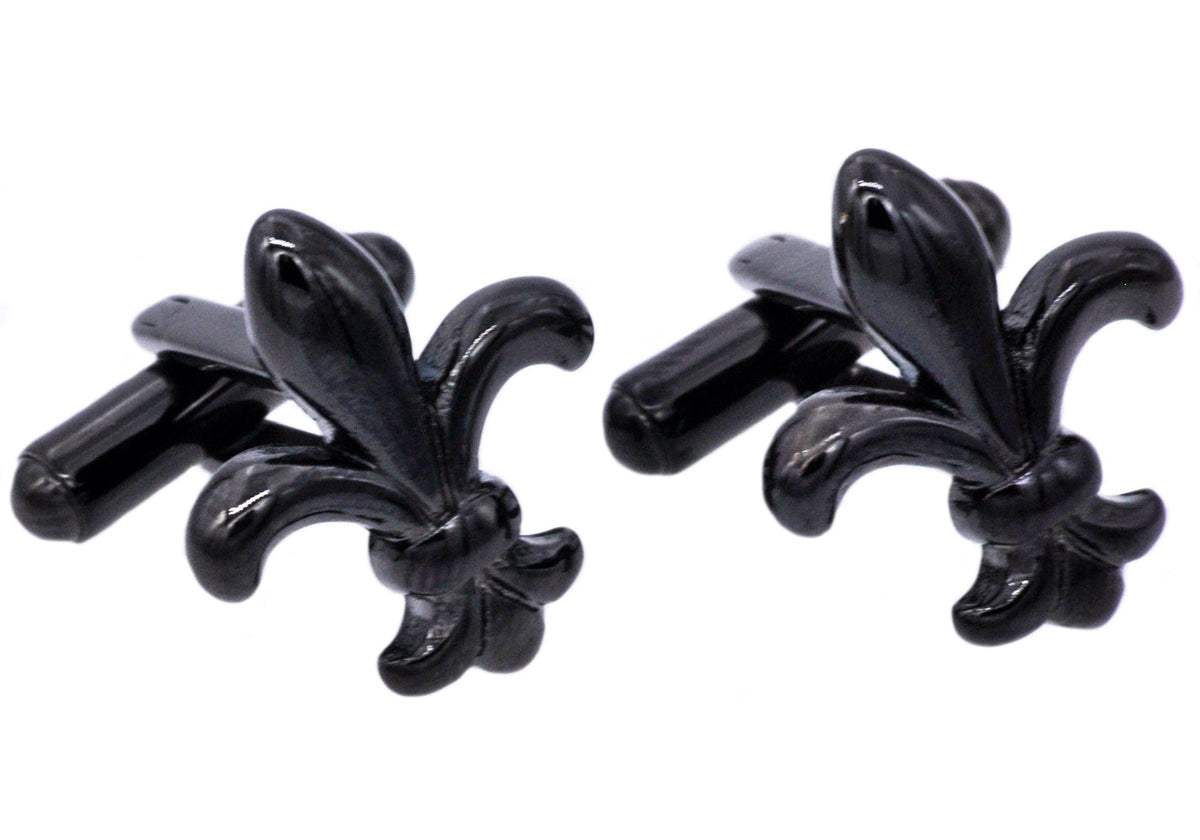 Mens Black Plated Stainless Steel Fleur De Lis Cuff Links