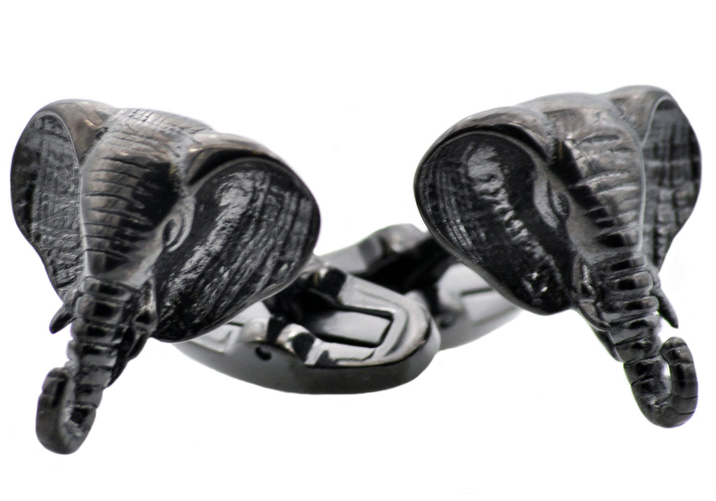 Mens Black Plated Stainless Steel Elephant Cuff Links