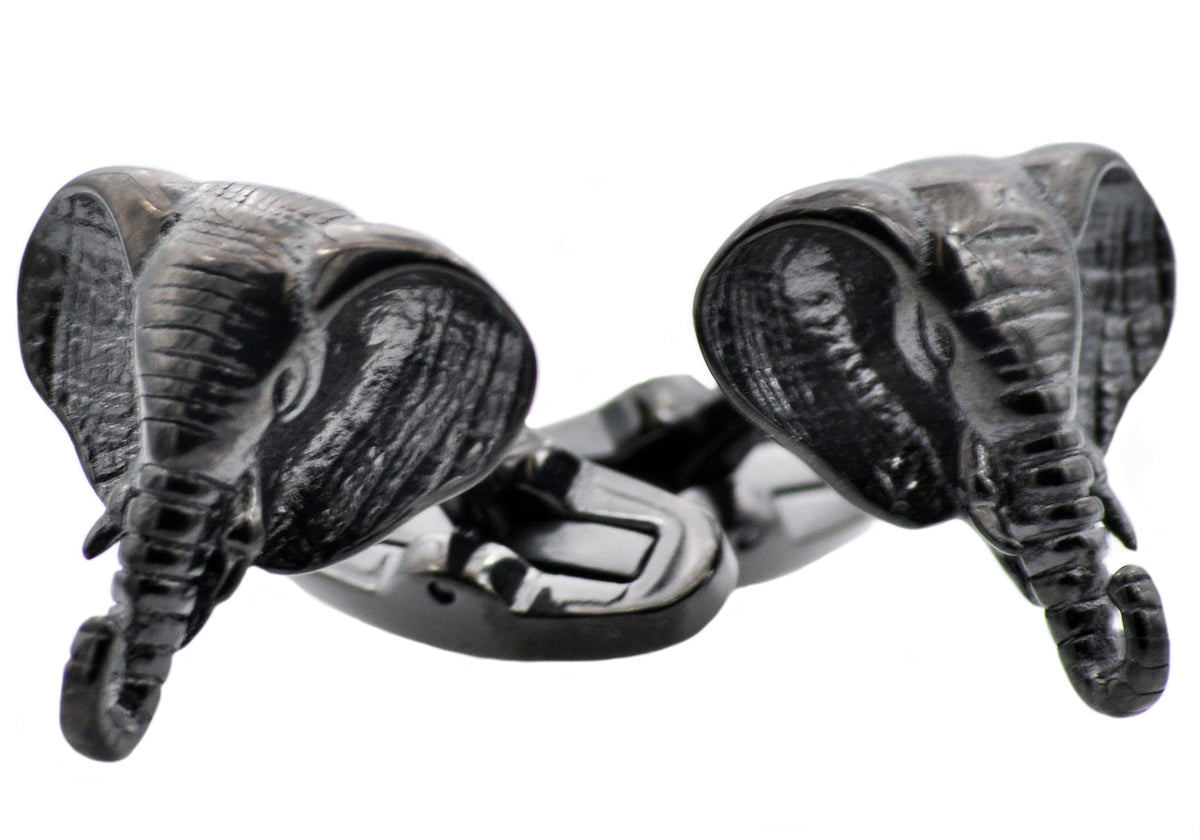 Mens Black Plated Stainless Steel Elephant Cuff Links