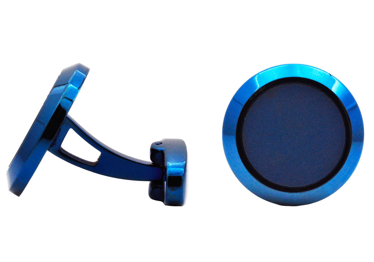 Mens Blue Plated Circular Stainless Steel Cuff Links