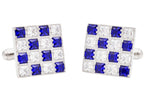 Mens Two Tone White and Blue Checkered Stainless Steel Cuff Links With Cubic Zirconia