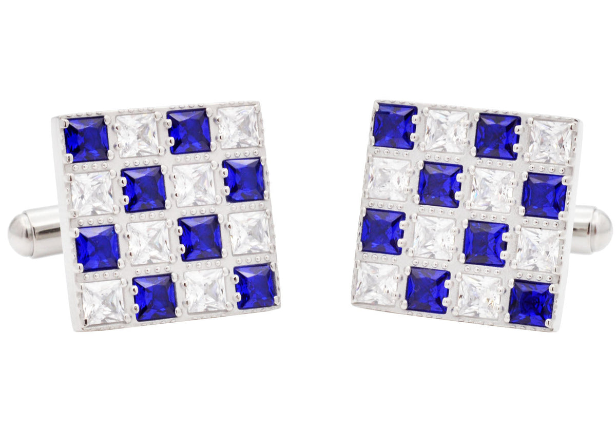 Mens Two Tone White and Blue Checkered Stainless Steel Cuff Links With Cubic Zirconia