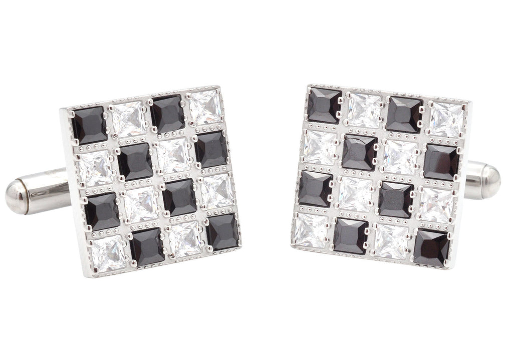 Mens Two Tone White and Black Checkered Stainless Steel Cuff Links With Cubic Zirconia