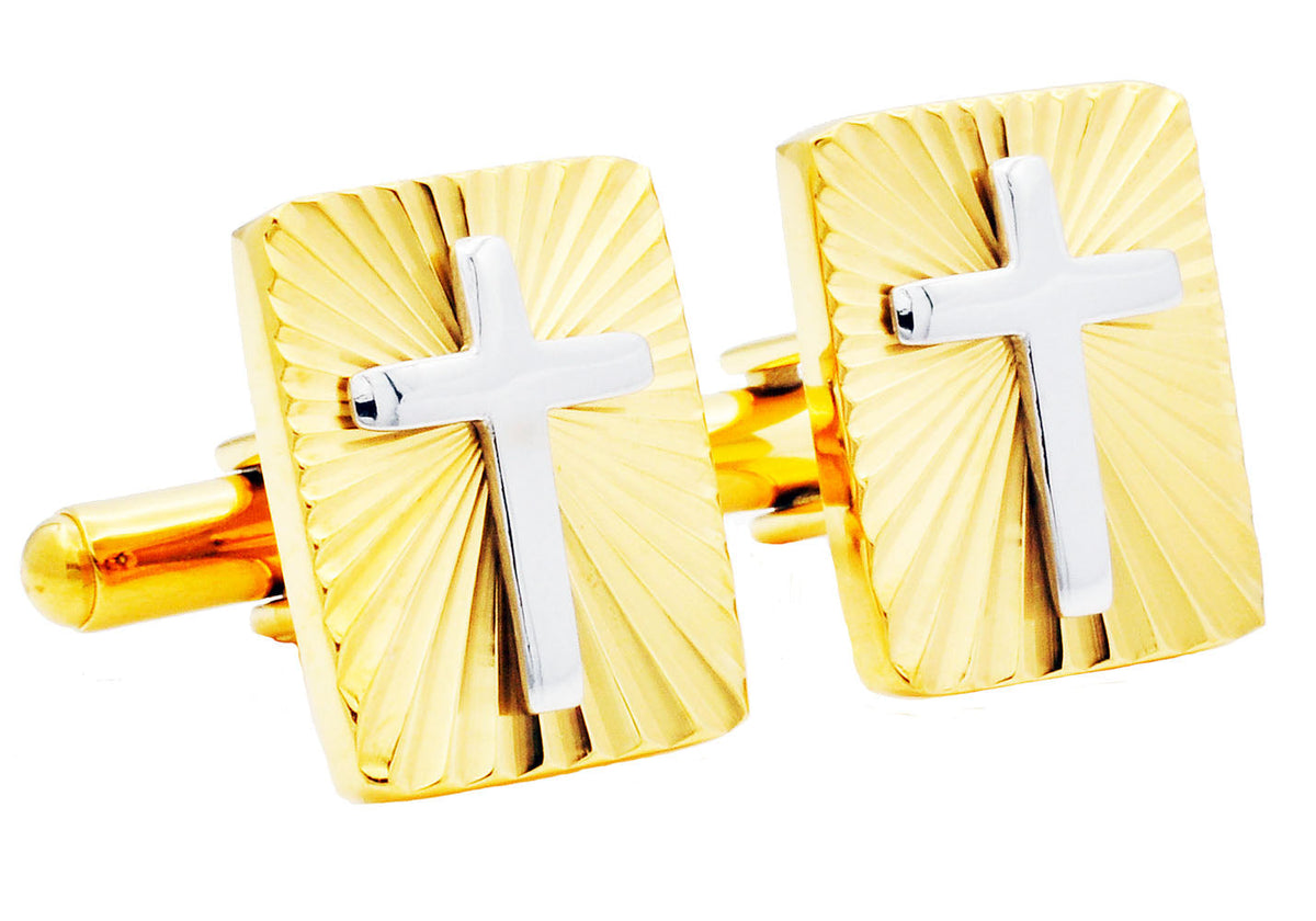 Mens Gold Stainless Steel Radial Cross Cuff Links