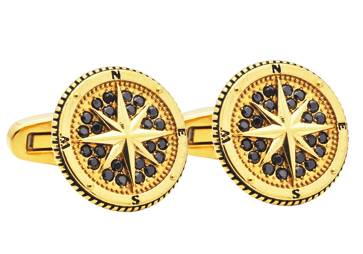 Mens Gold Plated Stainless Steel Compass Cuff Links with Black Cubic Zirconia