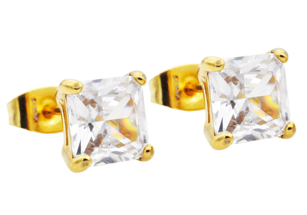 Mens 7mm Cubic Zirconia Gold Stainless Steel Square Stud Earrings