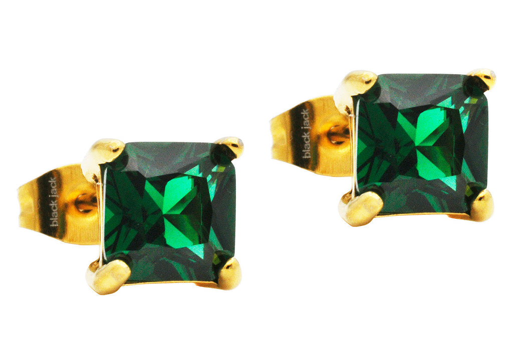 Mens 7mm Gold Plated Green Cubic Zirconia Gold Stainless Steel Square Stud Earrings