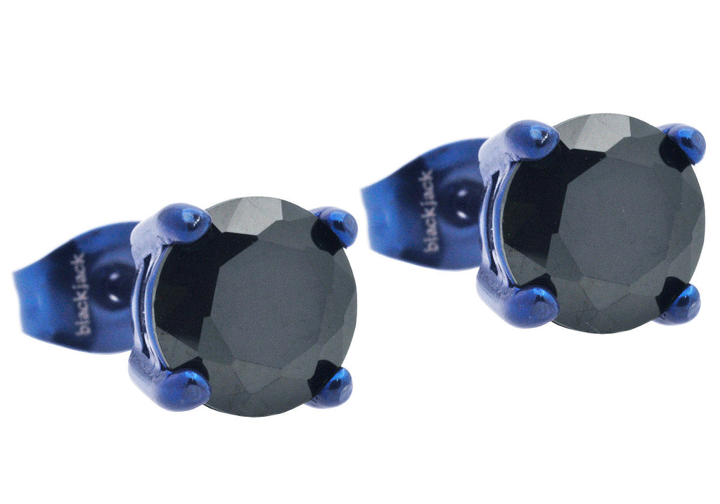 Mens 7mm Blue Plated Stainless Steel Stud Earrings With Black Cubic Zirconia