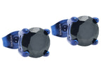 Mens 7mm Blue Plated Stainless Steel Stud Earrings With Black Cubic Zirconia