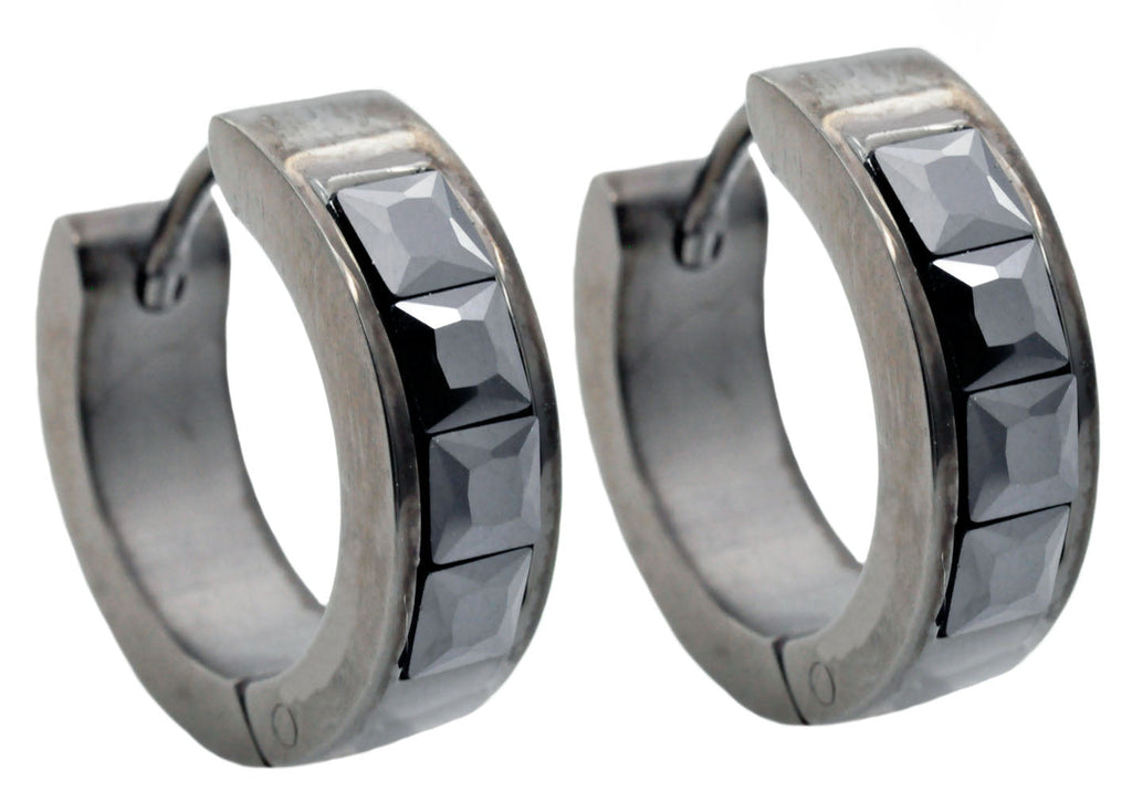 Mens 17mm Black Plated Stainless Steel Hoop Earrings With Black Cubic Zirconia