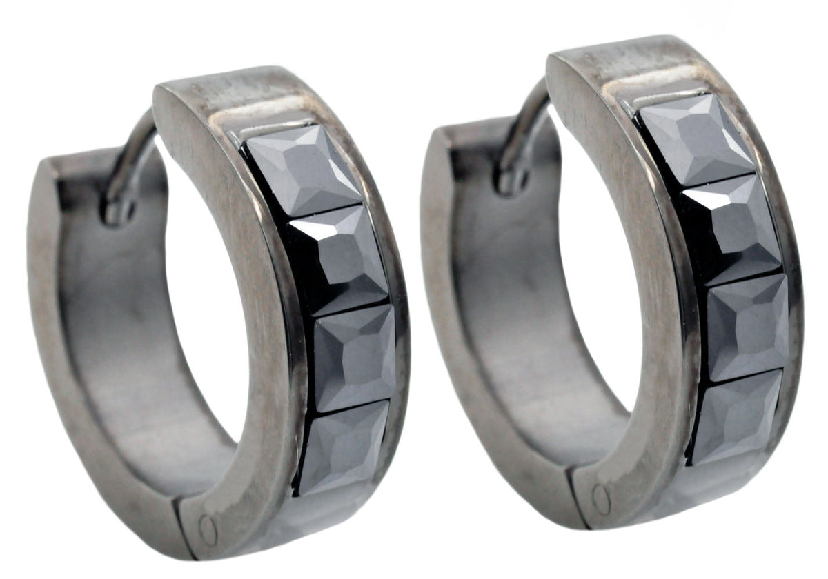 Mens 17mm Black Plated Stainless Steel Hoop Earrings With Black Cubic Zirconia