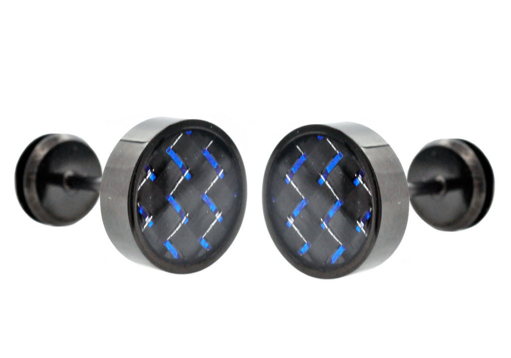Mens 9mm Black Plated Stainless Steel Earrings With Blue Carbon Fiber