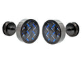 Mens 9mm Black Plated Stainless Steel Earrings With Blue Carbon Fiber