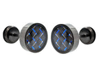 Mens 9mm Black Plated Stainless Steel Earrings With Blue Carbon Fiber