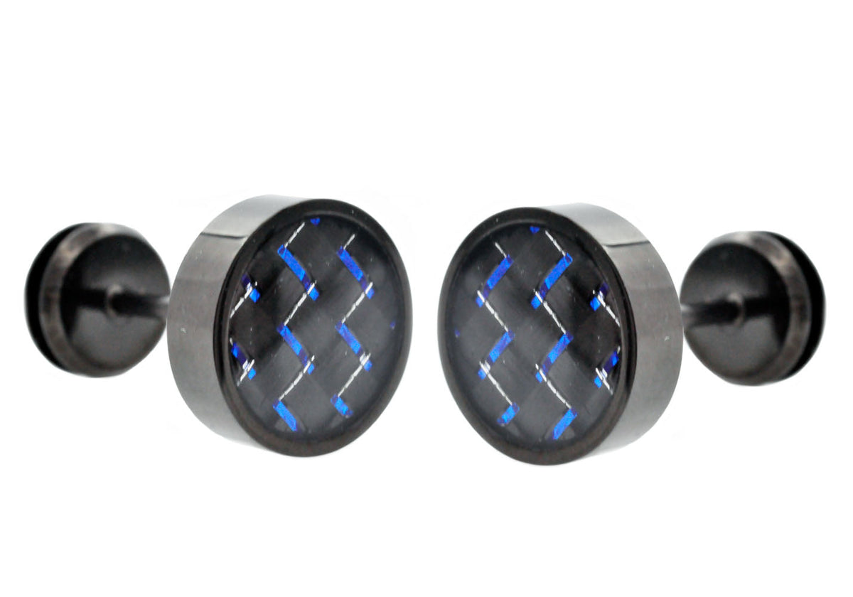 Mens 9mm Black Plated Stainless Steel Earrings With Blue Carbon Fiber