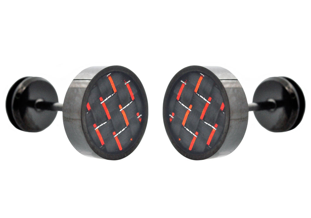 Mens 9mm Black Plated Stainless Steel Earrings With Red Carbon Fiber