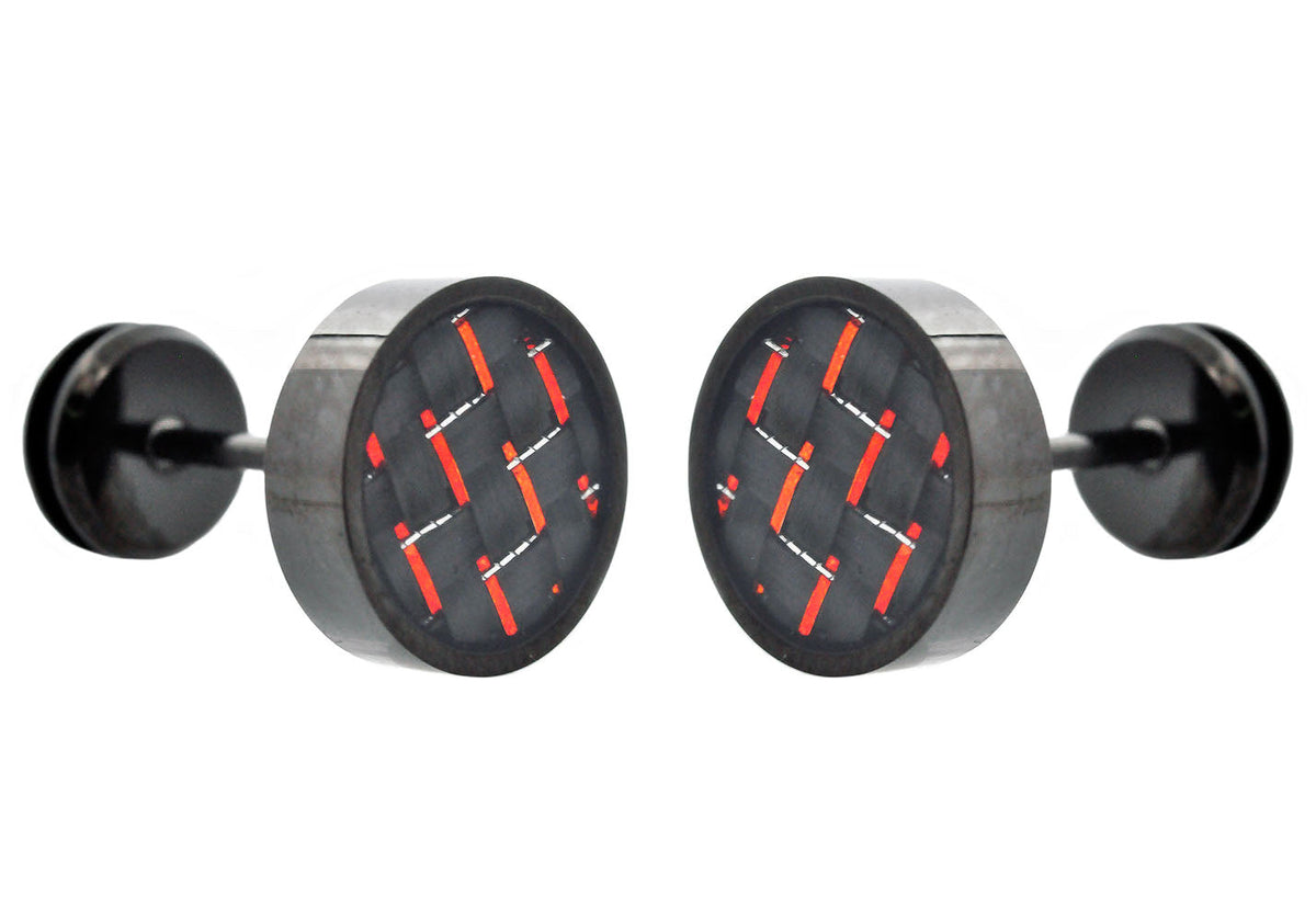 Mens 9mm Black Plated Stainless Steel Earrings With Red Carbon Fiber