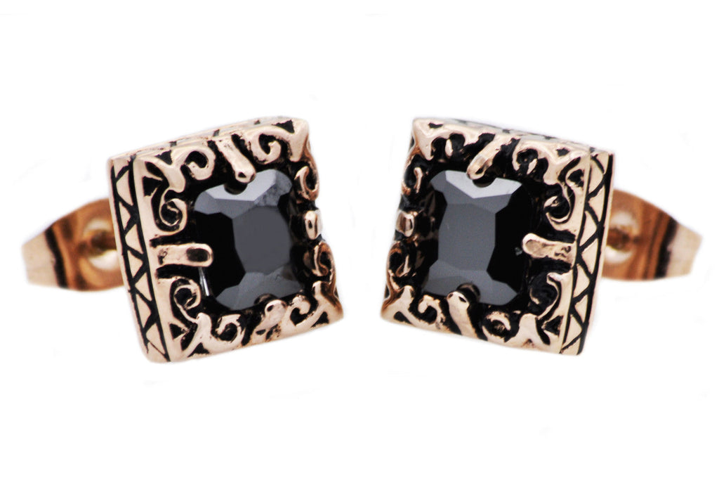 Mens 10mm Rose Stainless Steel Stud Earrings With Black Cubic Zirconia