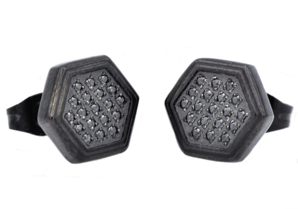 Mens Black Plated Stainless Steel Earrings With Black Cubic Zirconia