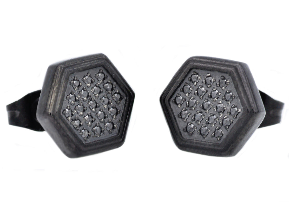 Mens Black Plated Stainless Steel Earrings With Black Cubic Zirconia