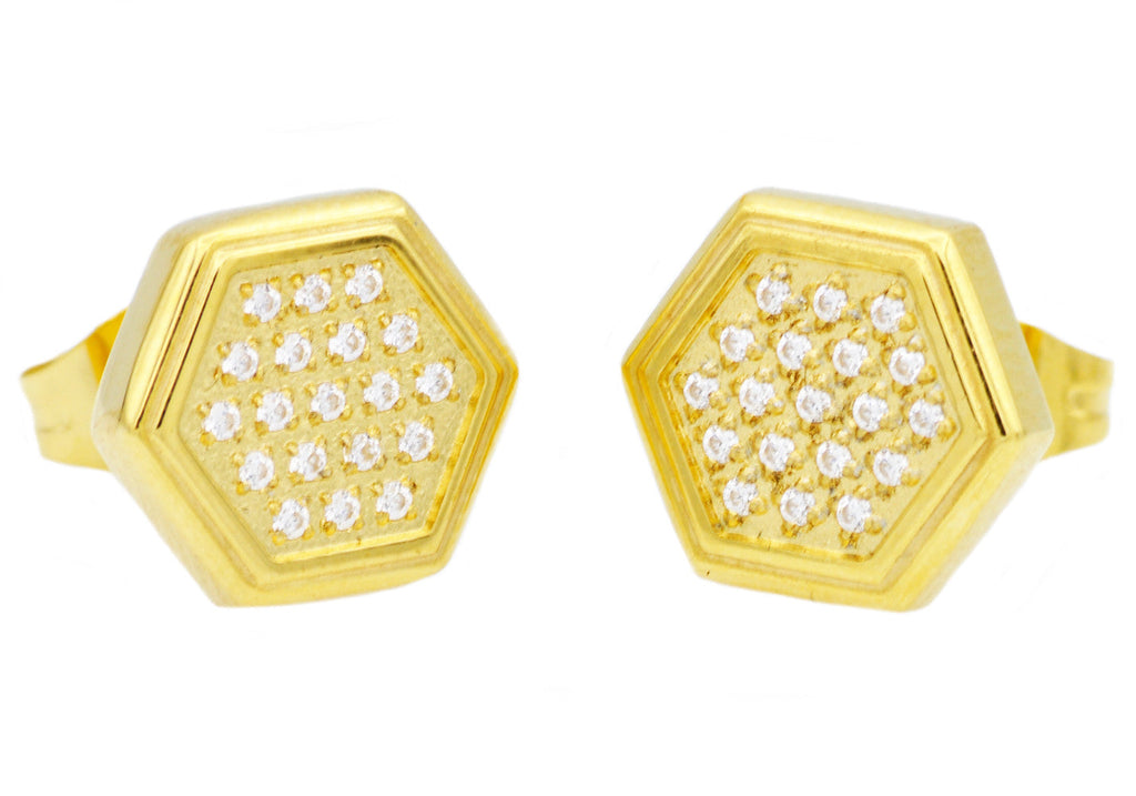 Mens Gold Stainless Steel Earrings With Cubic Zirconia