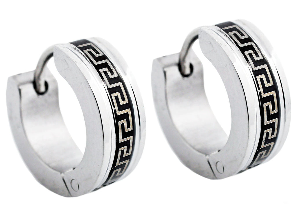 Mens 14mm Black And Stainless Steel Greek Key Hoop Earrings