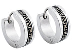 Mens 14mm Black And Stainless Steel Greek Key Hoop Earrings