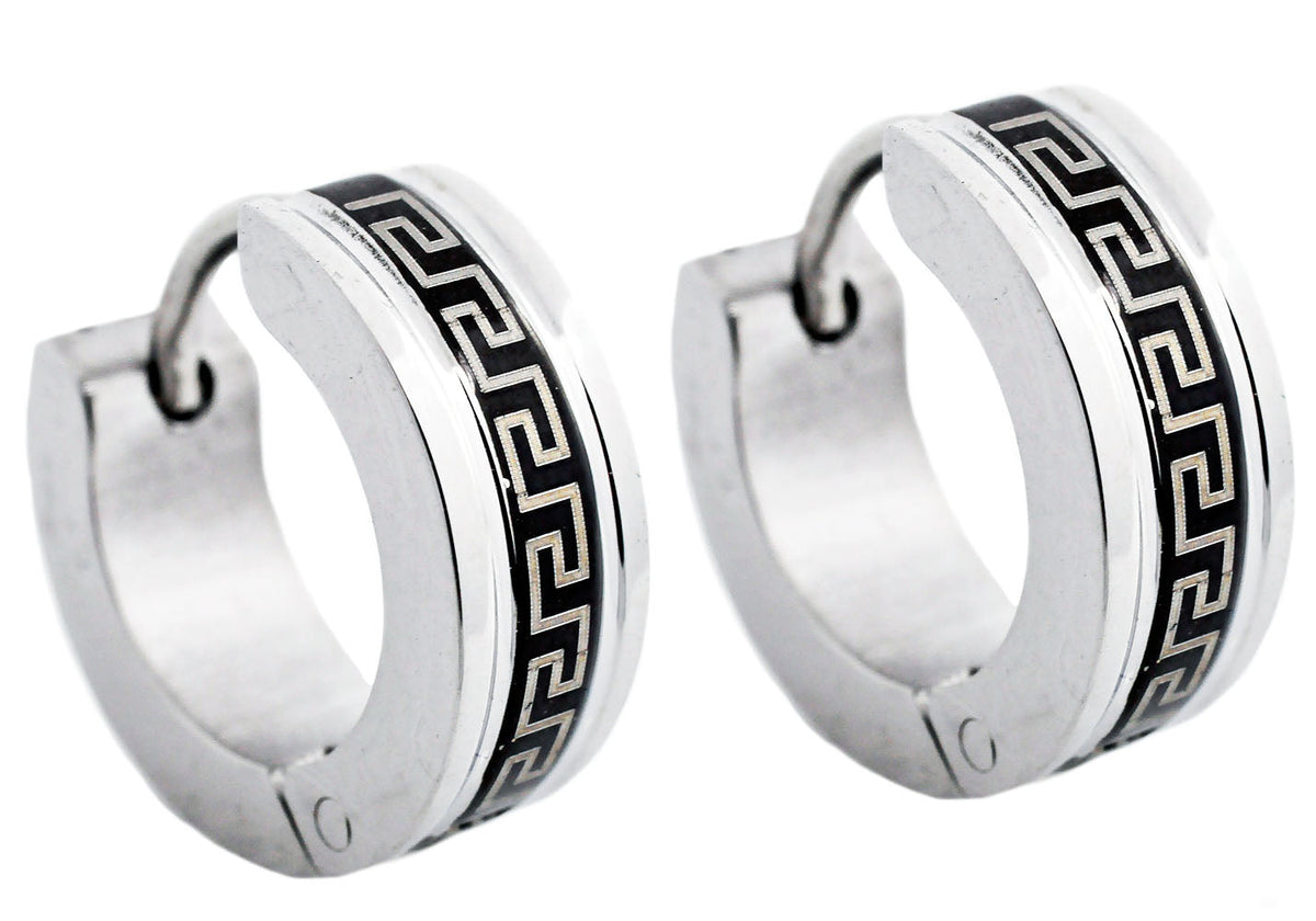 Mens 14mm Black And Stainless Steel Greek Key Hoop Earrings