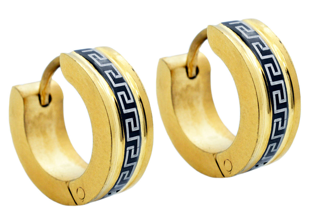 Mens 14mm Gold And Black Stainless Steel Greek Key Hoop Earrings