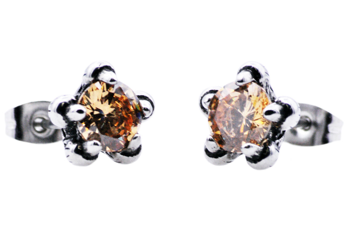 Men's 10mm Stainless Steel Champagne Cubic Zirconia Claw Stud Earrings