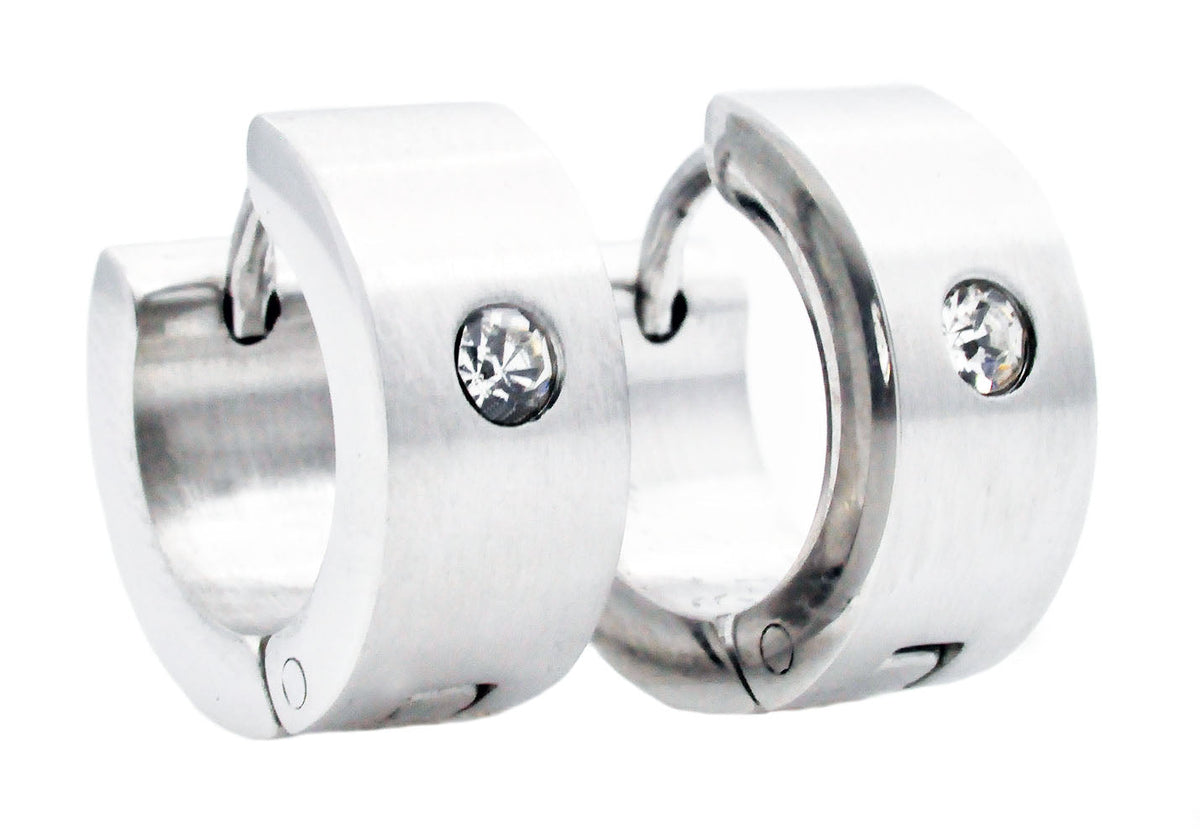 Mens 14mm Stainless Steel Hoop Earrings With Cubic Zirconia