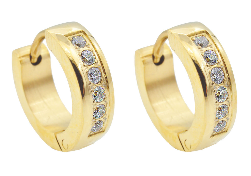 Mens 14mm Gold Plated Stainless Steel Hoop Earrings With Cubic Zirconia