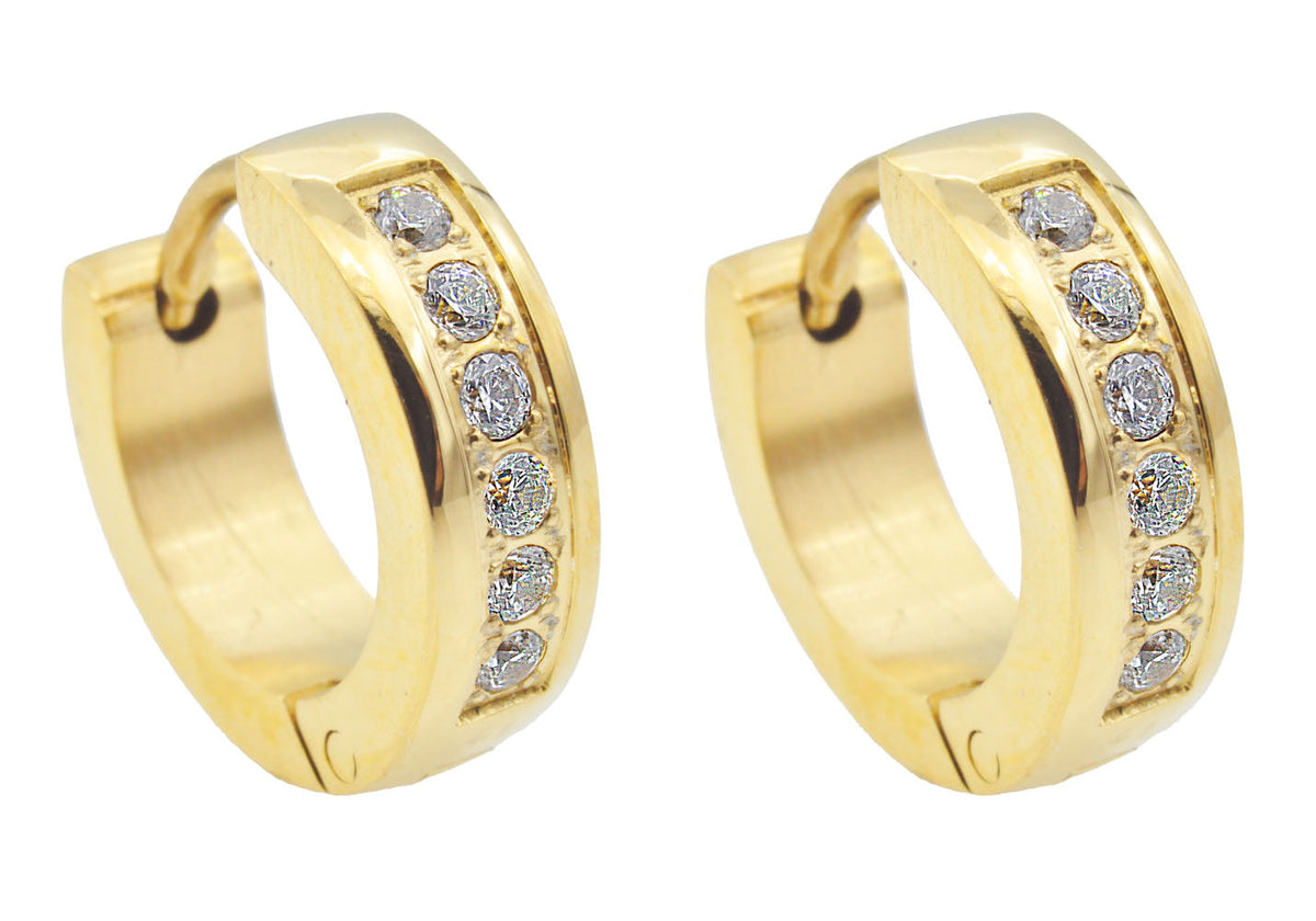 Mens 14mm Gold Plated Stainless Steel Hoop Earrings With Cubic Zirconia