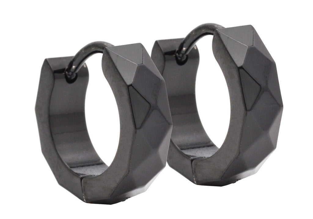 Men's Black Stainless Steel Hammered Hoop Earrings