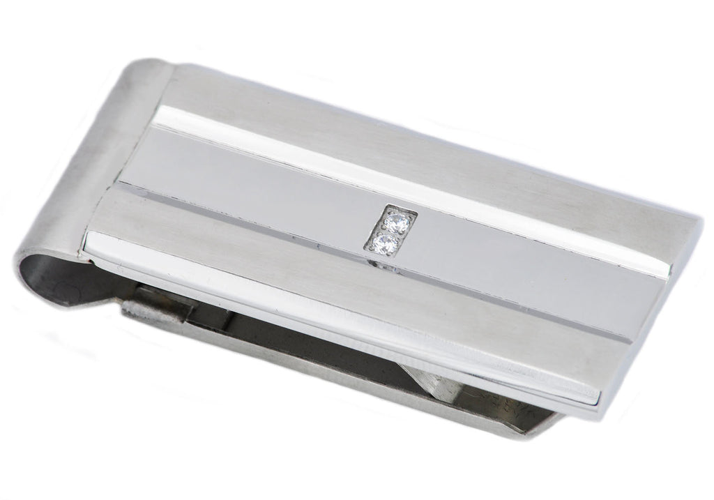 Mens Stainless Steel Money Clip With Cubic Zirconia