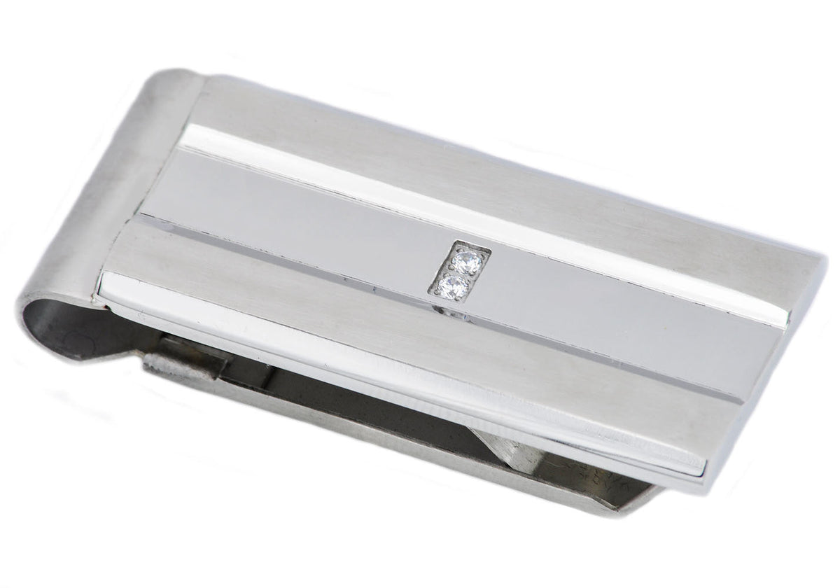Mens Stainless Steel Money Clip With Cubic Zirconia