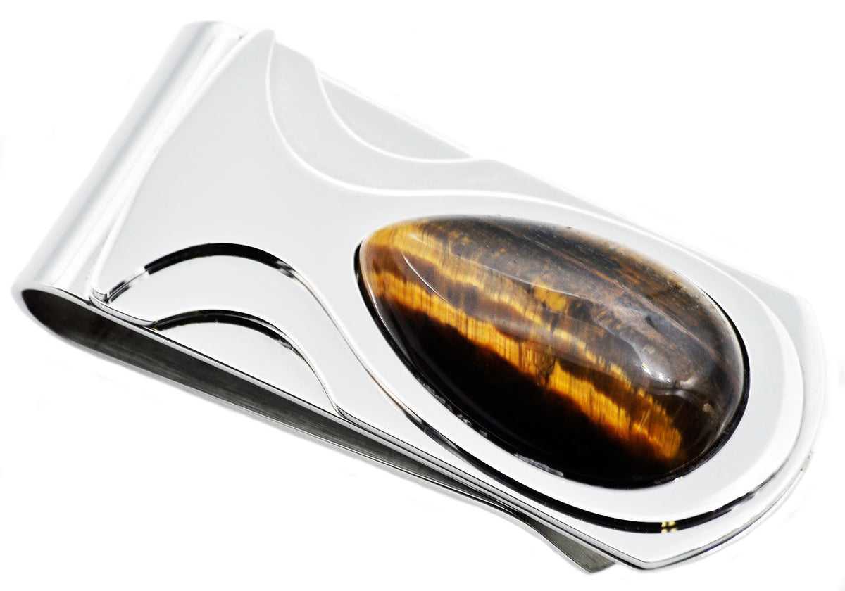 Mens Genuine Tiger Eye Stainless Steel Money Clip