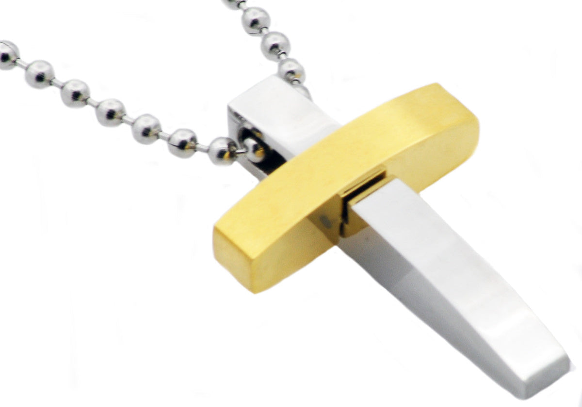 Mens Two Tone Gold Stainless Steel Cross Pendant Necklace With 24" Bead Chain