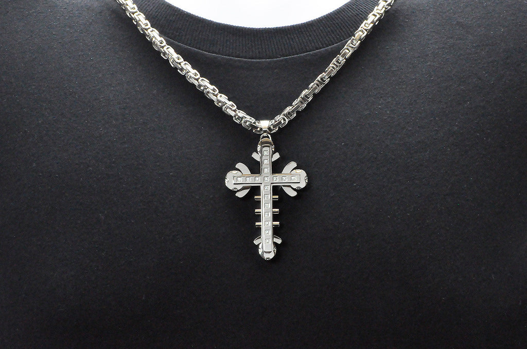 Mens Stainless Steel Cross Pendant With Cubic Zirconia