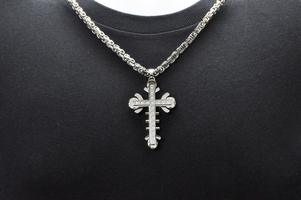 Mens Stainless Steel Cross Pendant With Cubic Zirconia