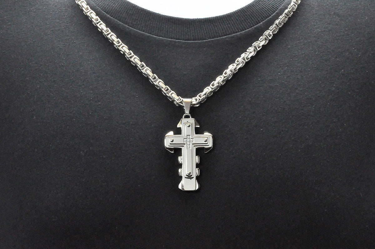 Mens Stainless Steel Cross Pendant With Cubic Zirconia