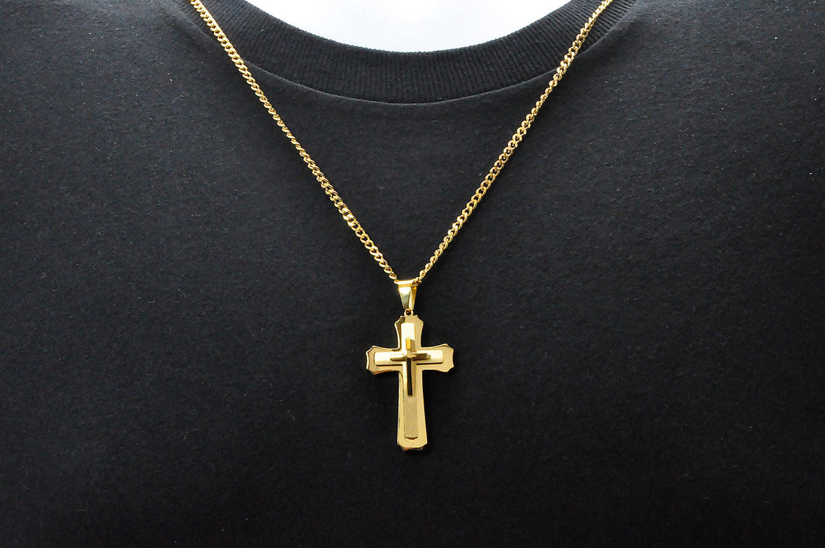 Mens Gold Stainless Steel Layered Cross Pendant Necklace With 24" Curb Chain