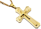 Mens Gold Stainless Steel Layered Cross Pendant Necklace With 24" Curb Chain
