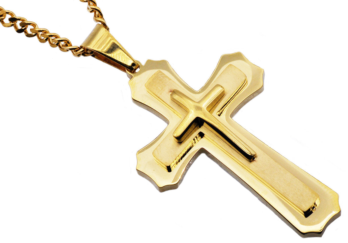 Mens Gold Stainless Steel Layered Cross Pendant Necklace With 24" Curb Chain