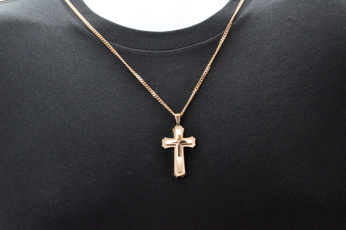 Mens Rose Stainless Steel Layered Cross Pendant Necklace